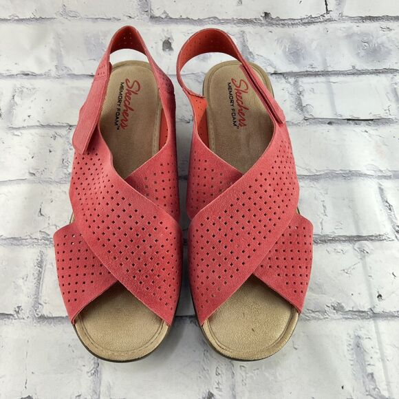 Skechers Women’s 9 Parallel Plot Suede Leather Slingback Wedge Sandal Pink - Picture 2 of 12